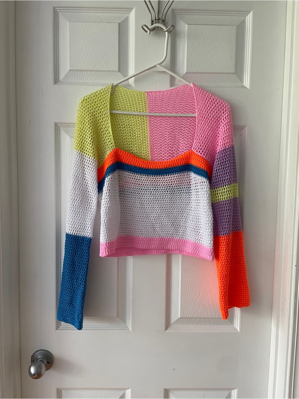 Colorblock Crochet Crop Sweater - Neon Pink & Orange Accents
